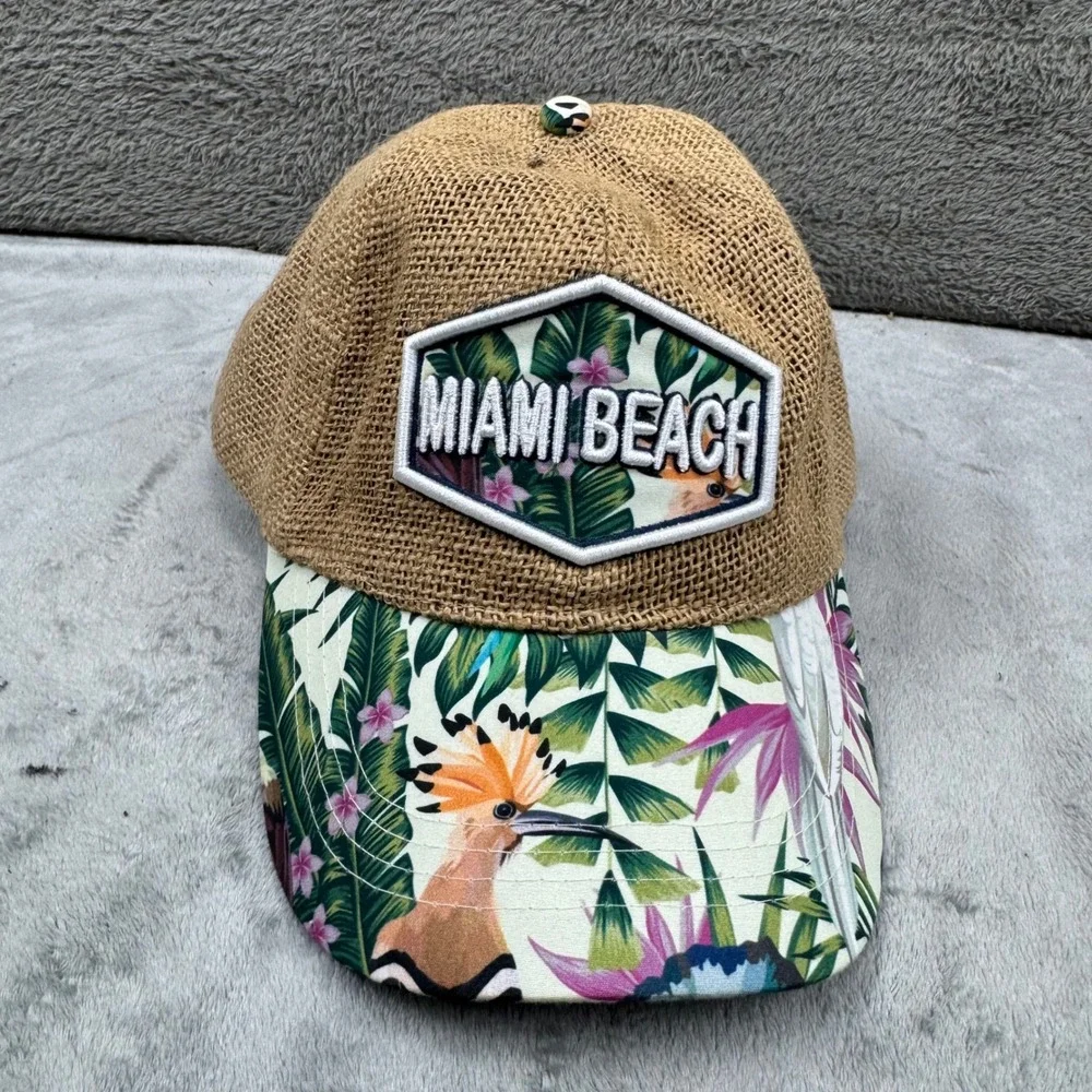 Lucky 7 USA Miami Beach Hat‎ Women Size 7 Tan Tropical Floral Excellent Burlap